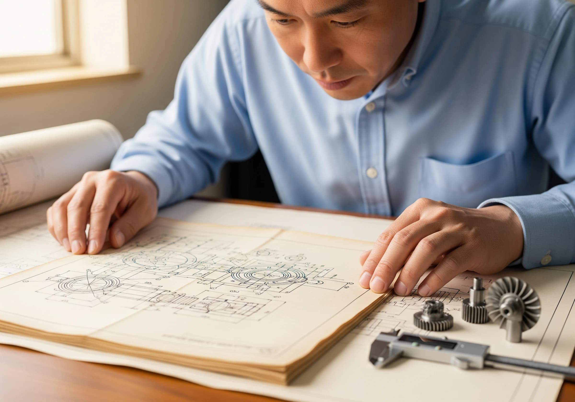 図面で金属部品の仕様を検討する技術者